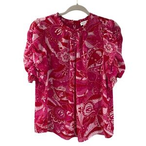 Rachel Zoe Puff Sleeve Paisley Floral Blouse Pink Red White